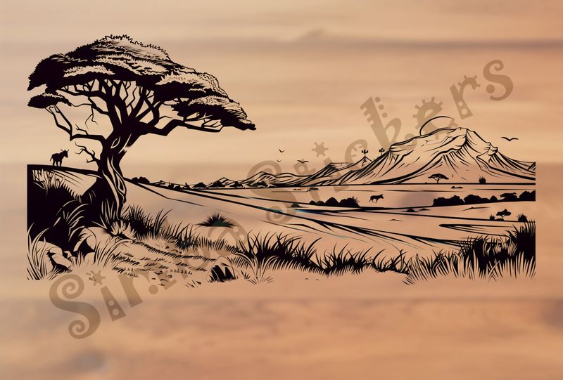 African Savanna landscape, tree up close, mountain range afar, outline art