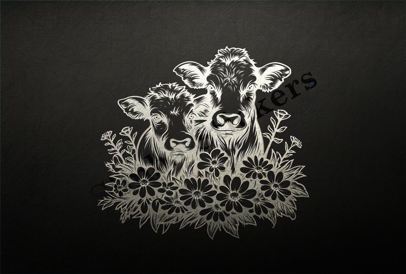 Bull and cow, romantic, with flowers ,  outline art