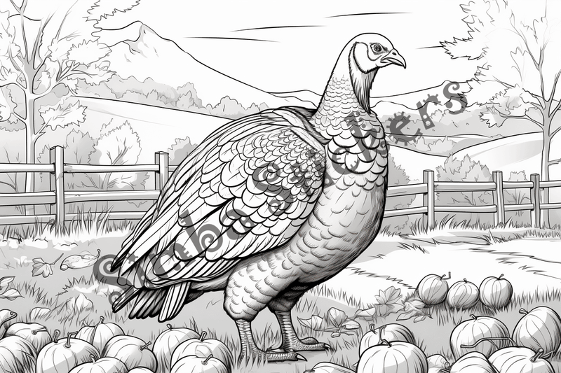 Colouring pages, bundle of turkeys on a farm, 25 images
