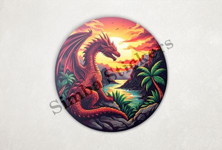 Red dragon, sun in background, in tropical surroundings