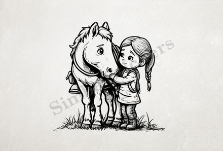 Horse being petted by a small girl, outline art