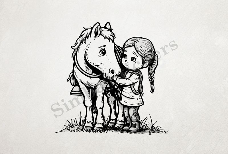Horse being petted by a small girl, outline art