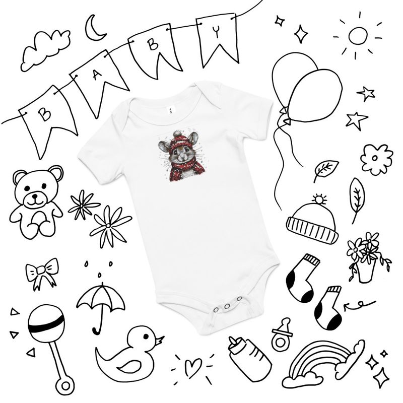Embroidered Baby Short Sleeve One Piece, Mouse wearing red winter hat and scarf in the snow, xg8dl3