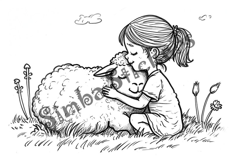 Colouring pages, bundle of sheep hugged by child, 10 images