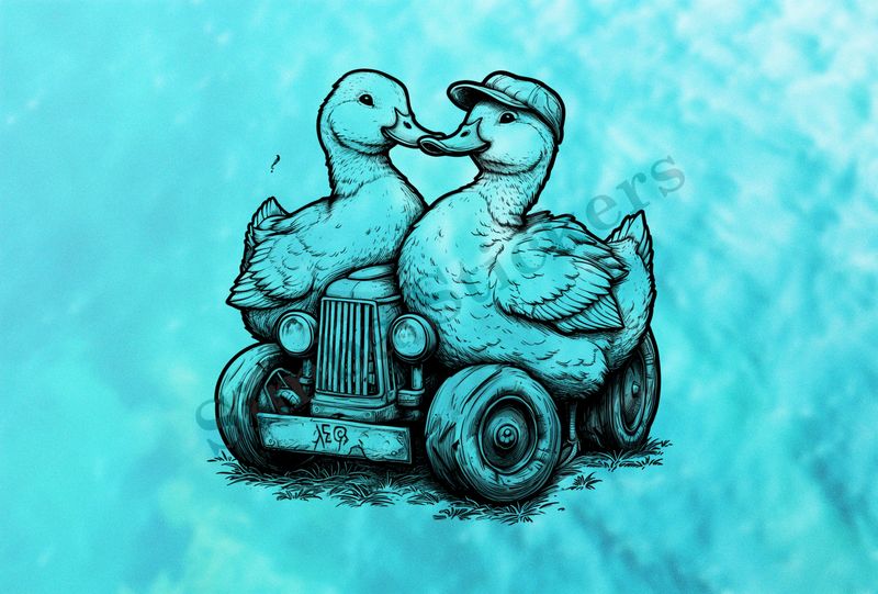 Ducks cuddling on farmer&#x27;s tractor, one with farmworker&#x27;s hat, outline art