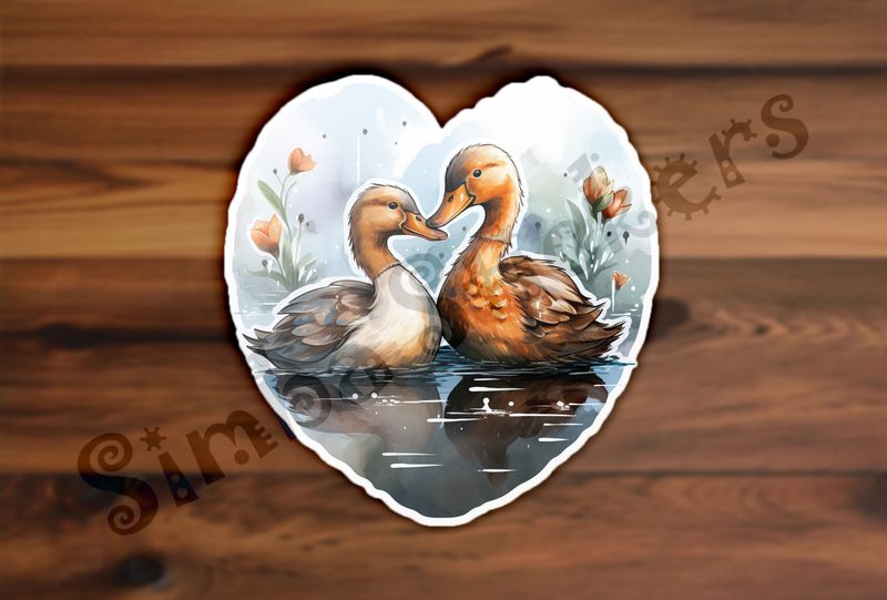 Ducks beak-to-beak in love in flowery pond