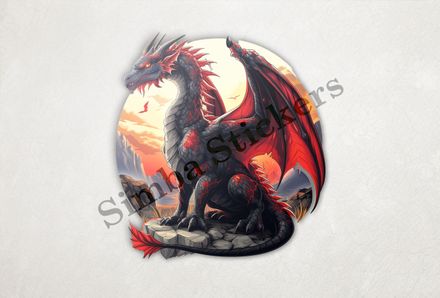 Black and red dragon perching on a high rock in the sunset