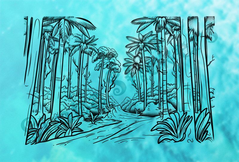 Equatorial Rainforest landscape, flowing river, outline art