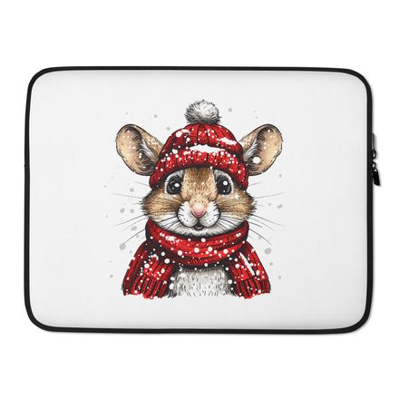 Laptop Sleeve, Mouse wearing red winter hat and scarf in the snow, xg8dl3