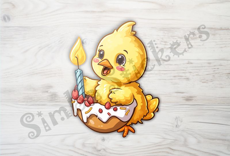 Cute Chick holding up a birthday candle, one foot in egg
