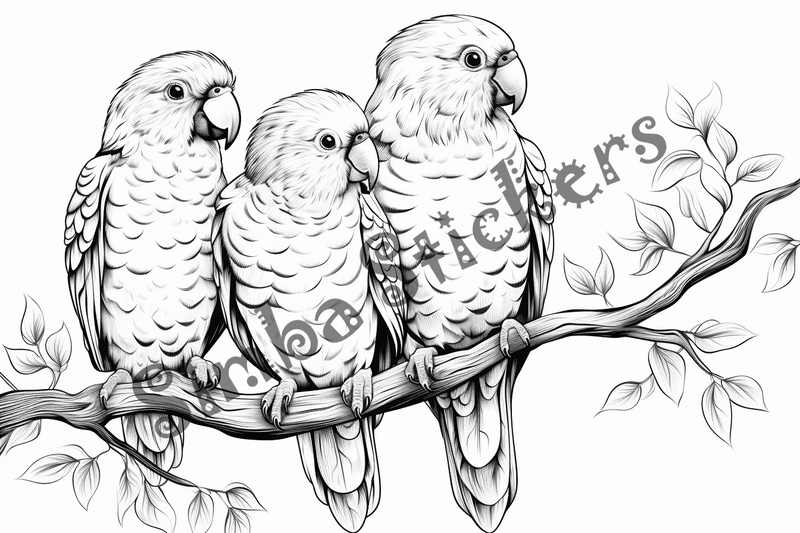 Colouring pages, bundle of parrots, 25 images