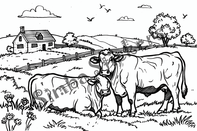 Colouring pages, bundle of cattle on beautiful farm, 10 images