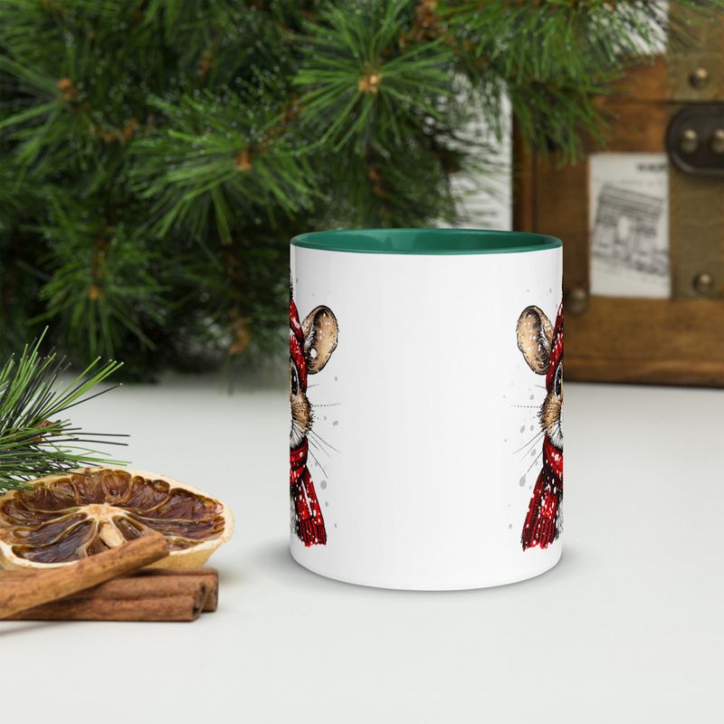 White Ceramic Mug with Color Inside, 11&amp;15oz, Mouse wearing red winter hat and scarf in snow, xg8dl3