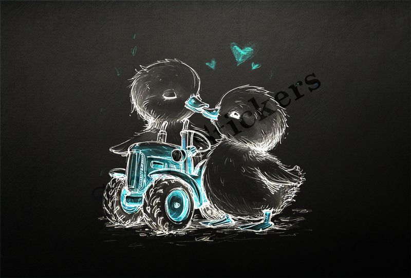 Two ducklings kissing over farmer&#x27;s tractor, outline art