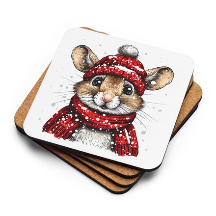 Cork-Back Coaster, Mouse wearing red winter hat and scarf in the snow, xg8dl3