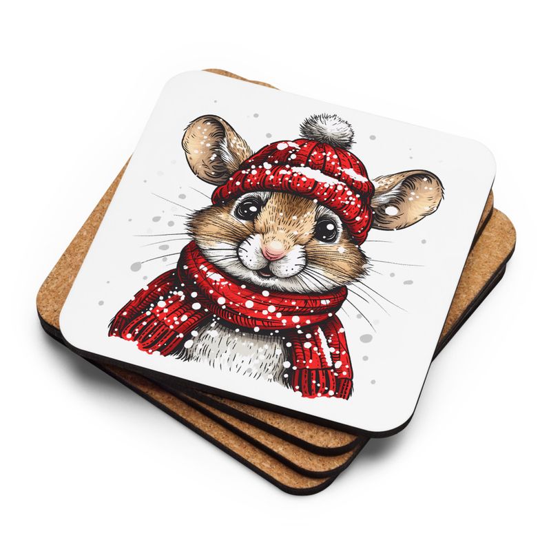 Cork-Back Coaster, Mouse wearing red winter hat and scarf in the snow, xg8dl3