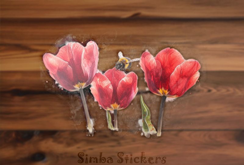 Bees above middle tulip in a row, watercolour