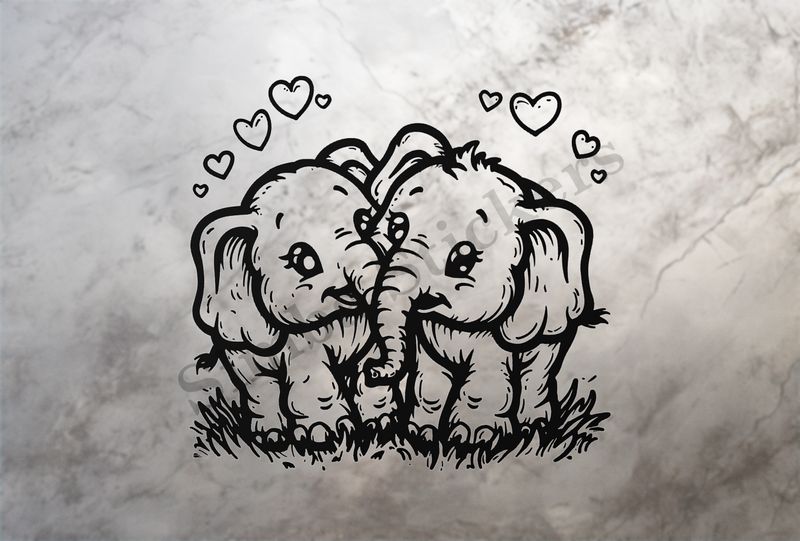 Baby elephants in love, romantic hearts around, outline art
