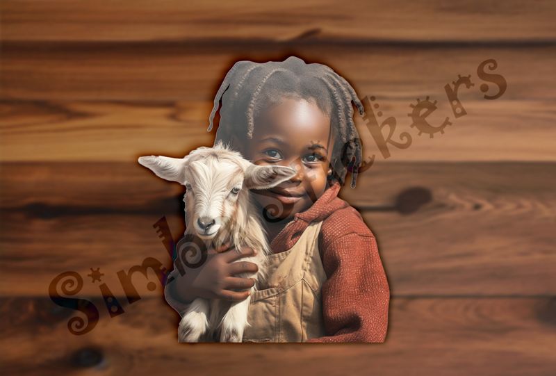 Goat kid in arms of small girl of African origin