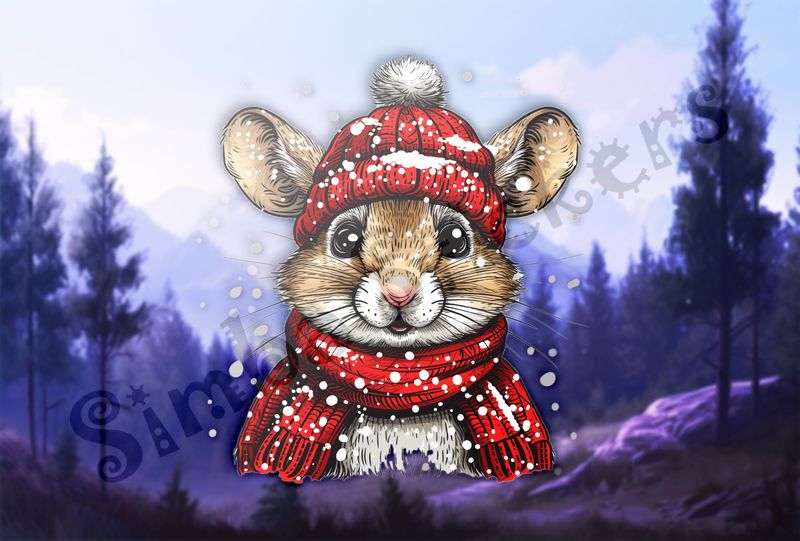 Mouse wearing red winter hat and scarf in the snow