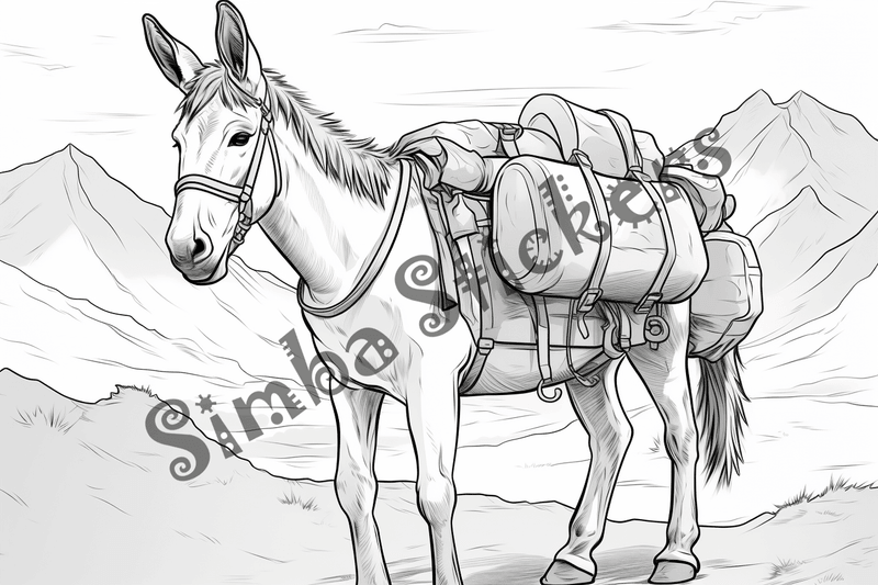 Colouring pages, bundle of donkeys carrying goods or people 10 images
