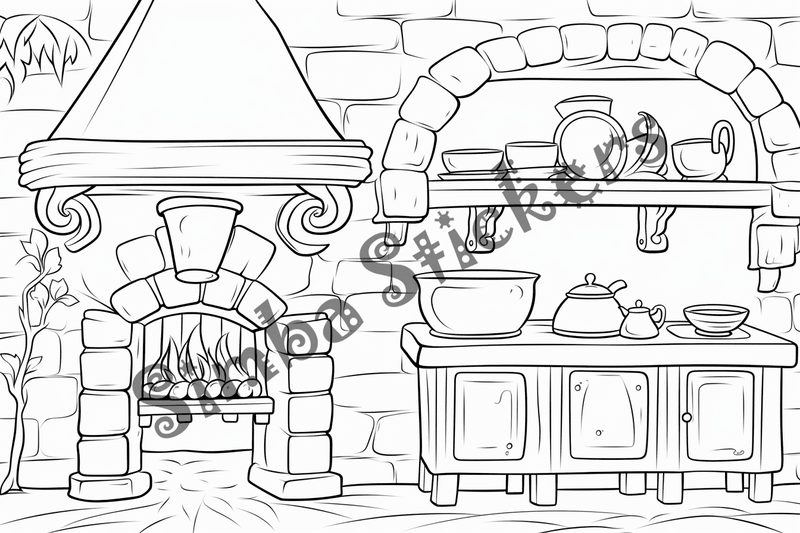 Colouring pages, bundle of house kitchens with stone ovens, 10 images