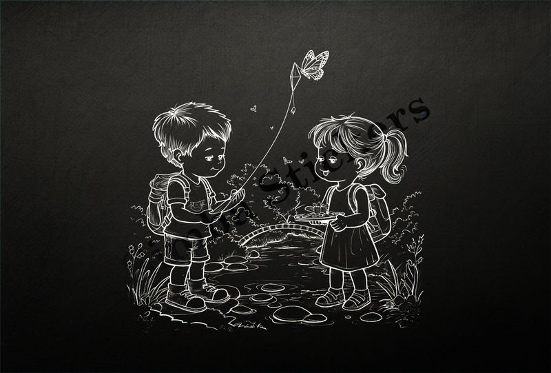 Boy and girl flying a kite while standing on rocks in a shallow river, outline art