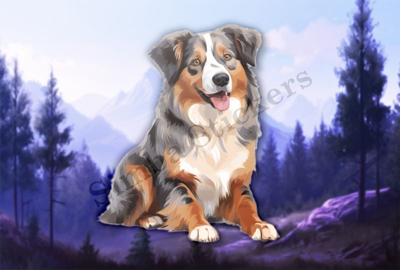 Australian Shepherd dog sitting with tongue out