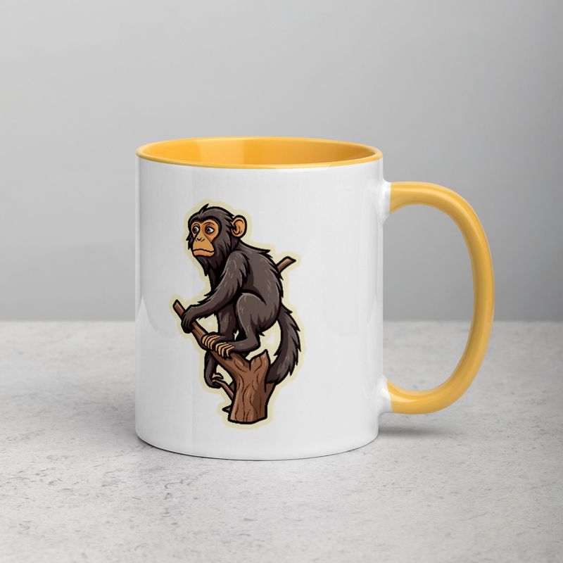 White Ceramic Mug with Color Inside, 11oz &amp; 15oz, Baboon on a tree, looking sad, head-to-head