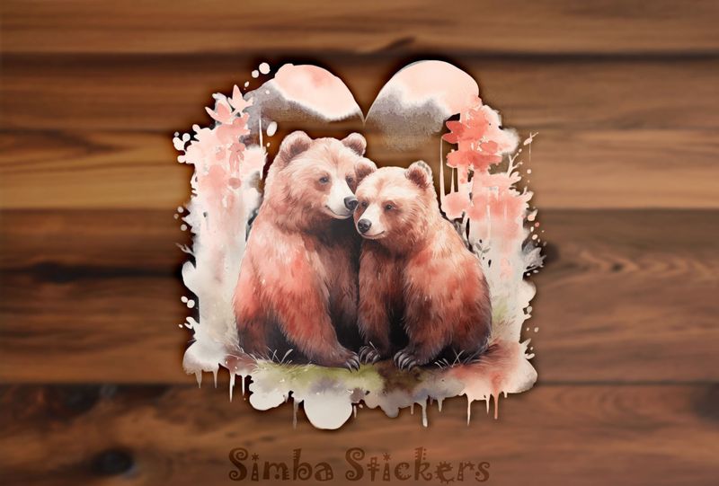 Bears cubs cheek-to-cheek in pinkish background, watercolour, xfqx0y
