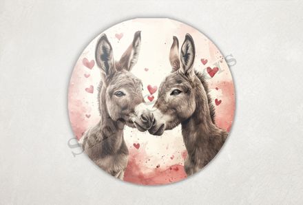 Small donkeys in love, hearts all around, watercolour