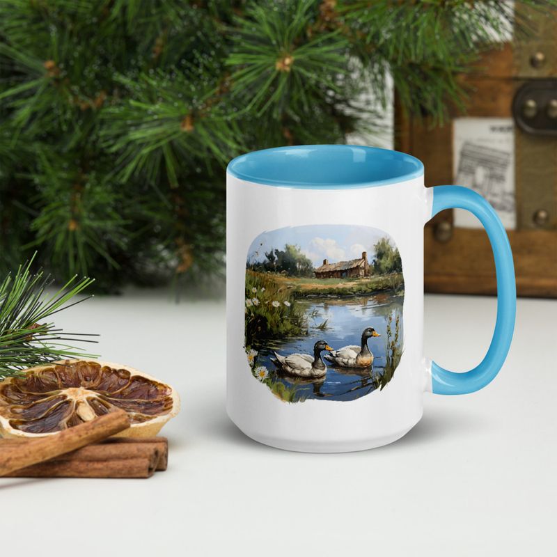 White Ceramic Mug with Color Inside, 11 &amp;15oz, Ducks in love swimming in farmhouse pond 