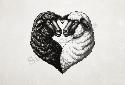 Sheep in love, one white, one black, forming a heart, outline art