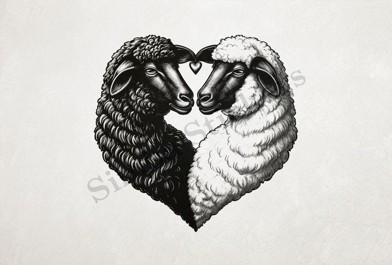 Sheep in love, one white, one black, forming a heart, outline art