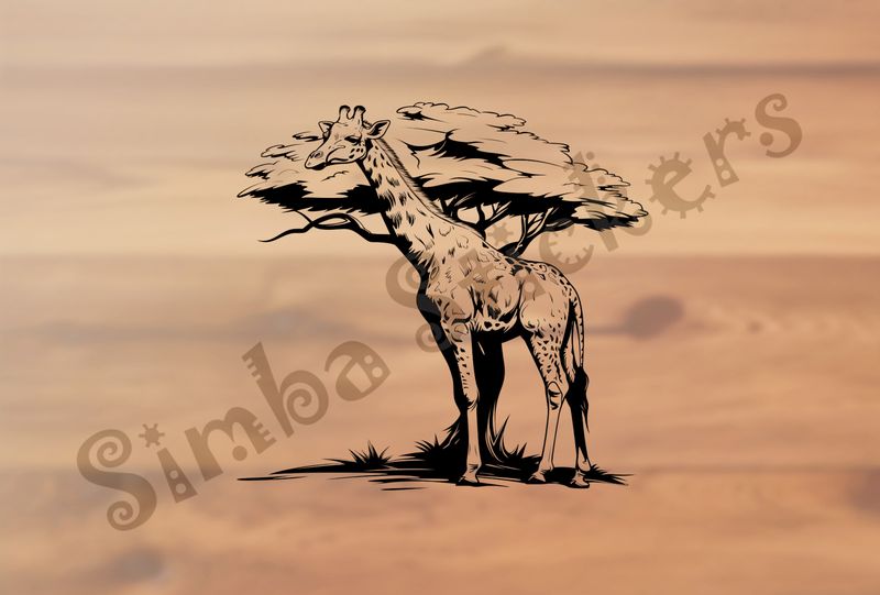 Giraffe in front of tree in the Savanna, outline art