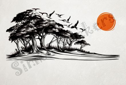 Equatorial Rainforest landscape, large sun at sunrise, outline art