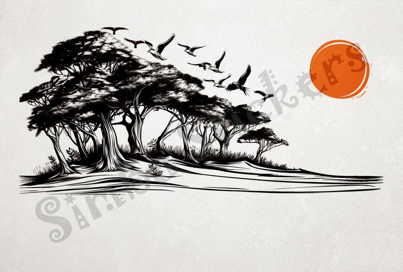 Equatorial Rainforest landscape, large sun at sunrise, outline art