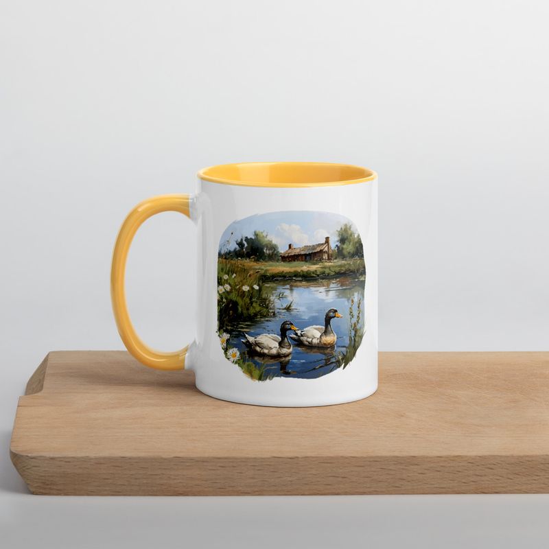 White Ceramic Mug with Color Inside, 11 &amp;15oz, Ducks in love swimming in farmhouse pond 
