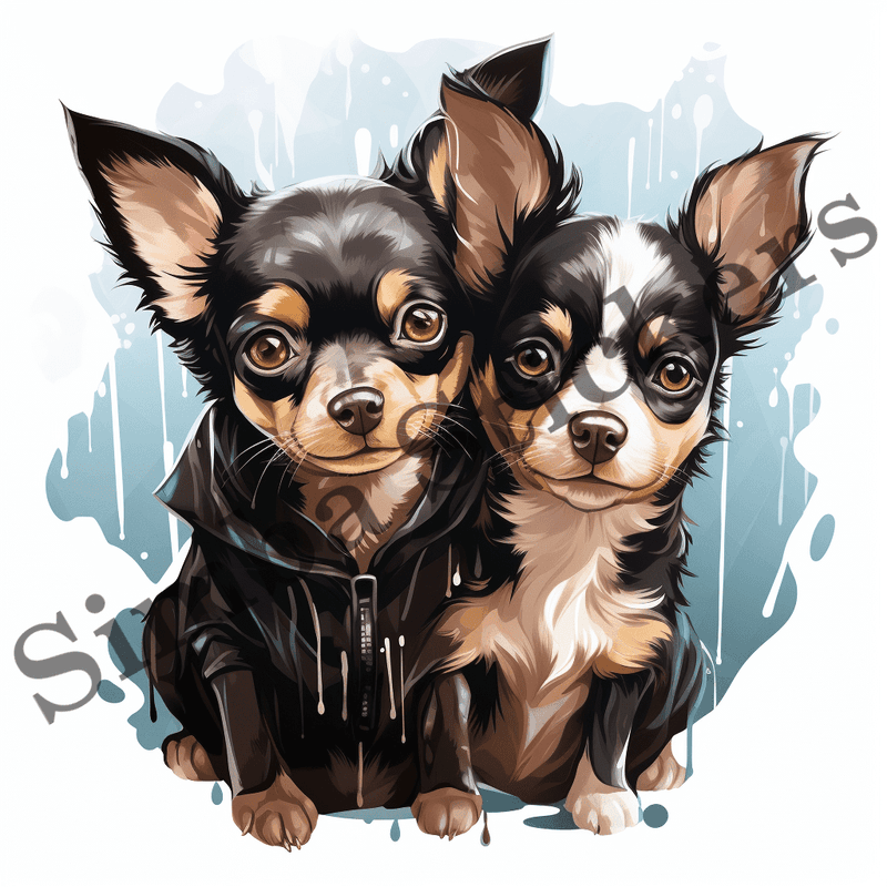 Chihuahua dogs wet in the rain, watercolour, image set, 10 images