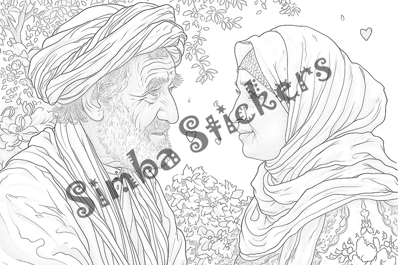 Colouring pages, bundle of people, grandparents in love at picnic, 25 images
