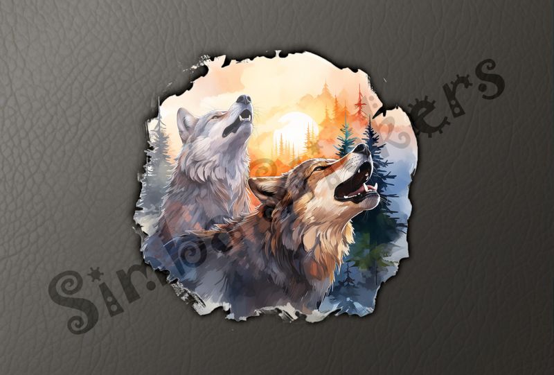 Wolves howling at the moon at sunset