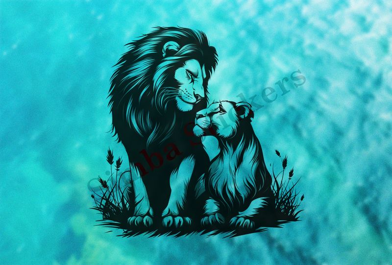 Lioness cuddling and looking up to lion ,  outline art