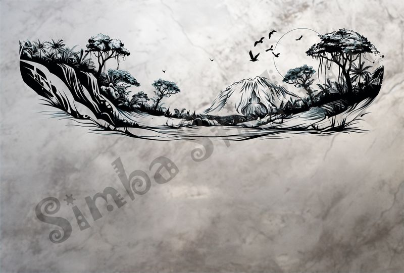 Equatorial Rainforest landscape, moon above mountains, outline art