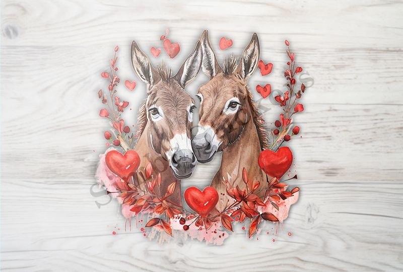 Donkeys in love, hearts and red leaves, watercolour
