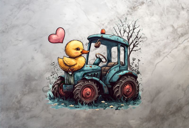 Duckling in love with farmer&#x27;s tractor