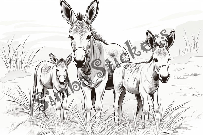 Colouring pages, bundle of donkeys with children, 25 images