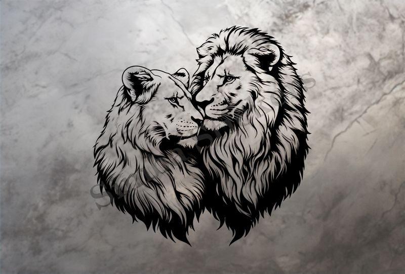 Majestic lion with lioness cuddling nose-to-nose ,  outline art