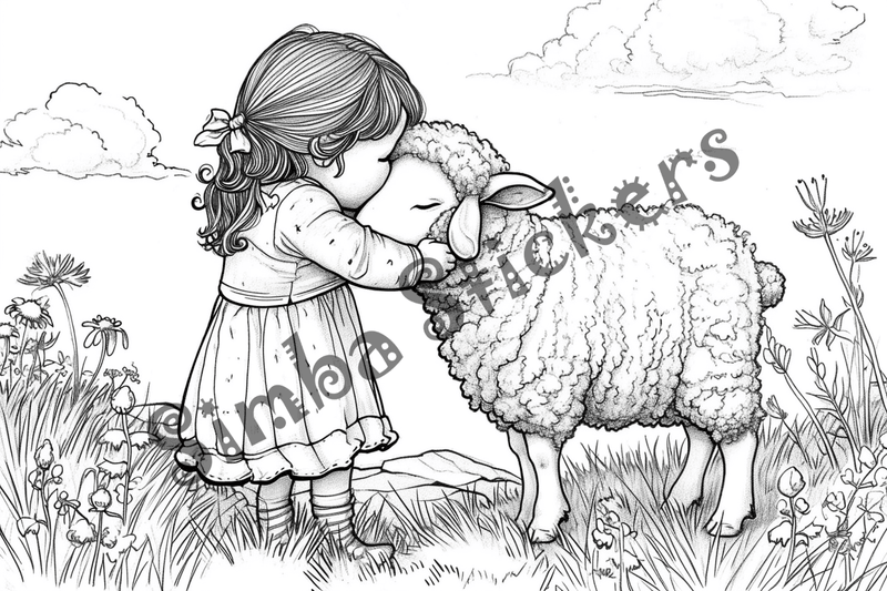 Colouring pages, bundle of sheep snugglig with child, 10 images