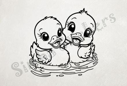 Ducklings cuddling romantically in water, outline art