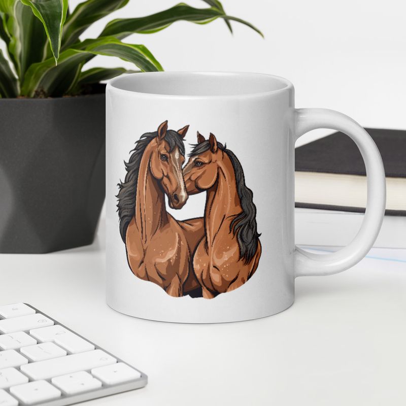 White Glossy Mug, 20oz, Two brown horses snuggling, tdwcyd